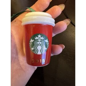 Starbucks Holiday 2015 Ornament Ceramic Travel Coffee Cup Red Apprx. 2.5" H A22